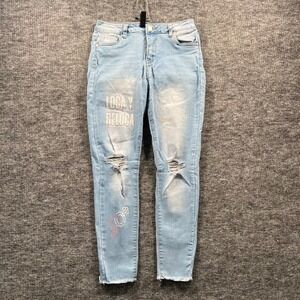 Most Wanted Graphic Distressed Skinny Jeans Light Wash Loca Y Reloca Size 7